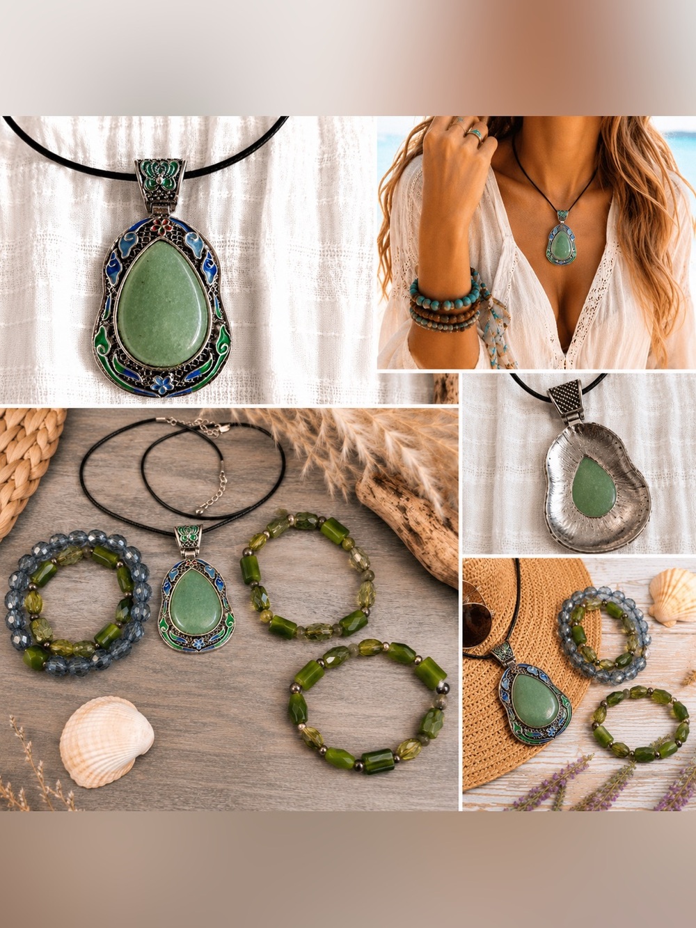 Green Teardrop Enamel Pendant Necklace - Elegant Women's Jewelry